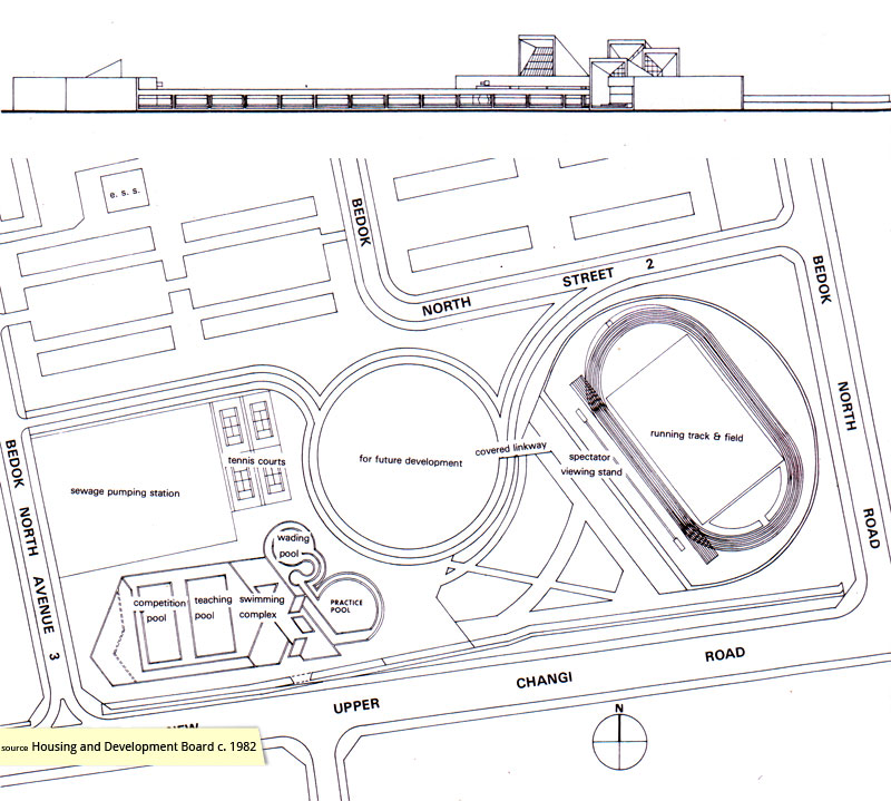 Plan and elevation of Bedok Swimming Complex